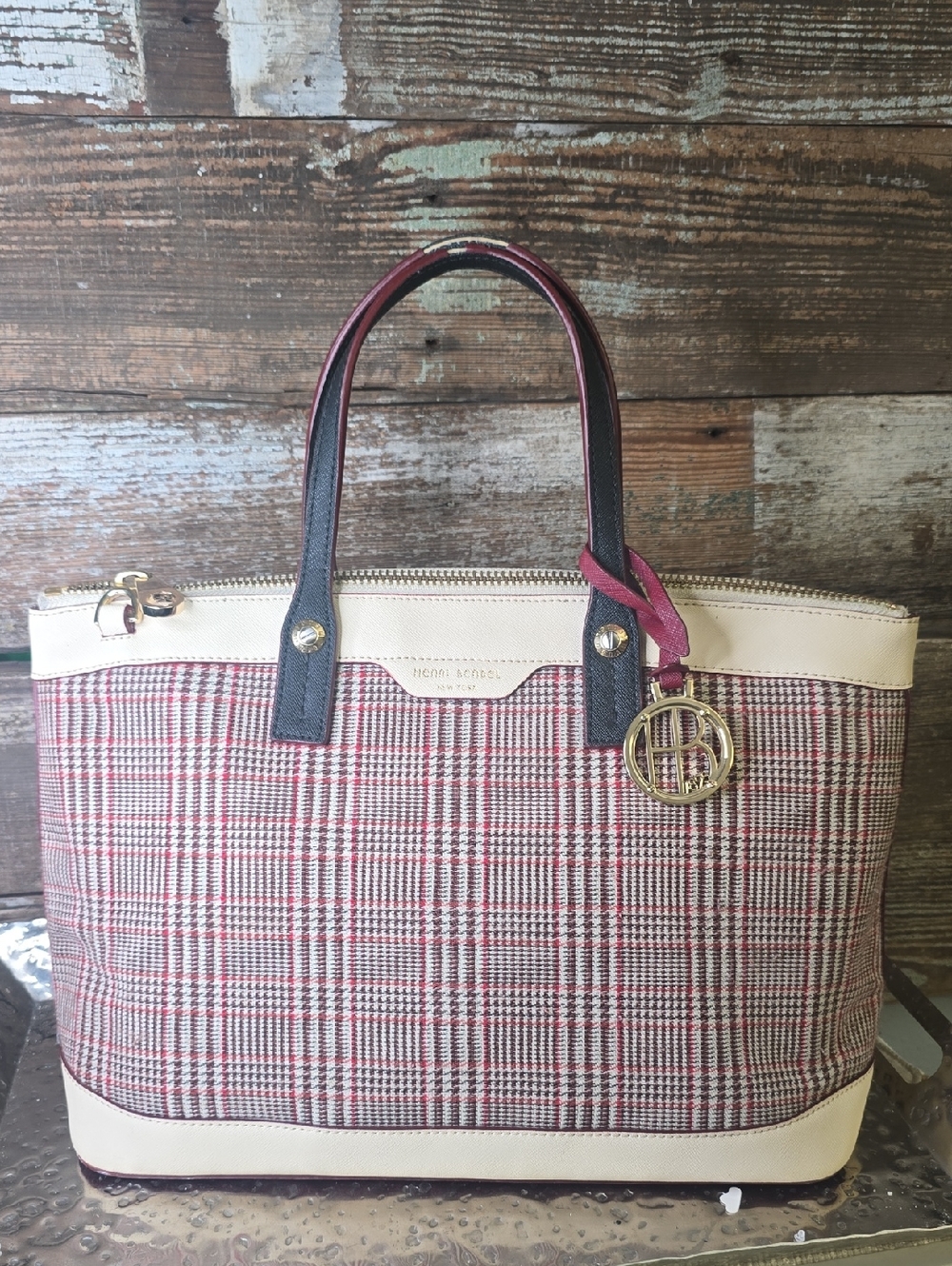 Henri Bendel West 57th Red Plaid & Leather Tote Bag - Picture 1 of 11